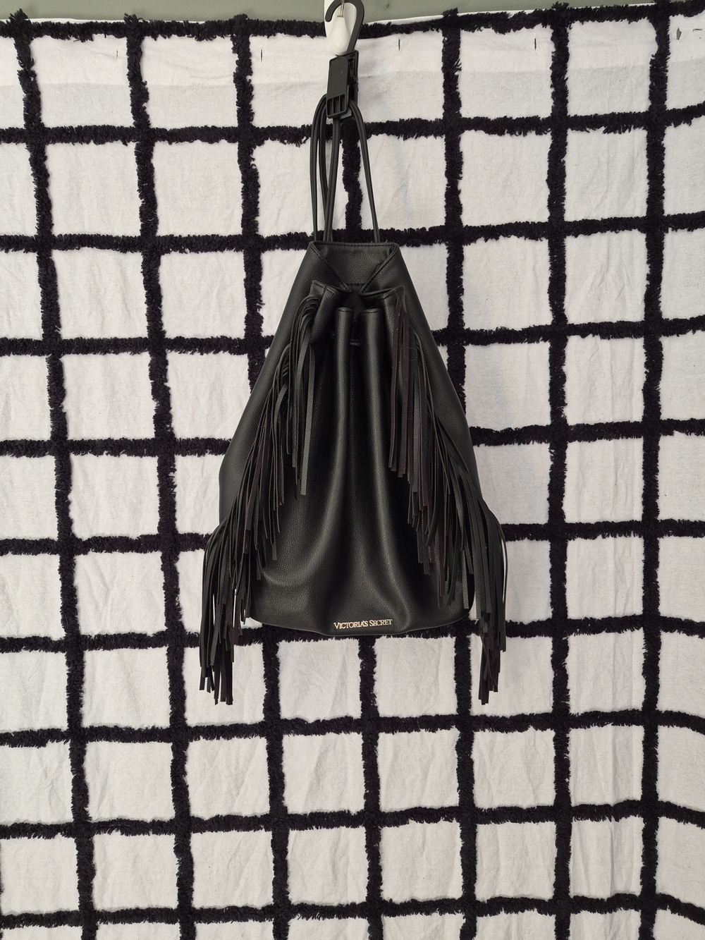 Victoria's Secret Black Fringe Faux Leather Backpack Bag